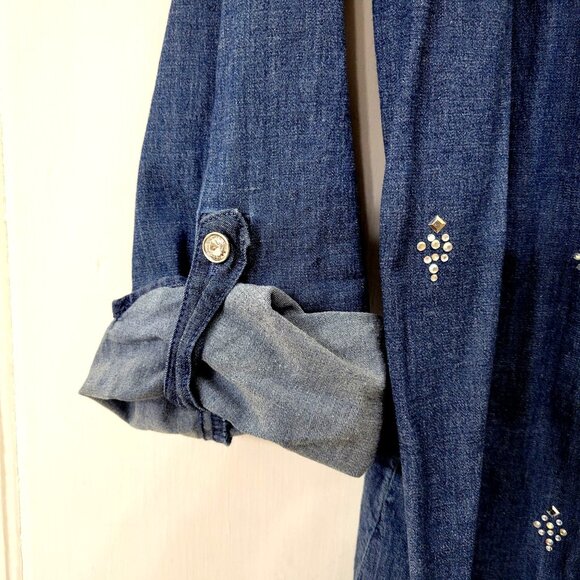 Quacker Factory Denim Button-Down Shirt With Rhinestone Embellishments Women's M - Picture 5 of 5